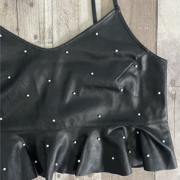 DO+BE Pearl-Studded Crop Top Black Faux Leather Ruffle Hem Y2K Whimsigoth Sz M - Picture 3 of 13